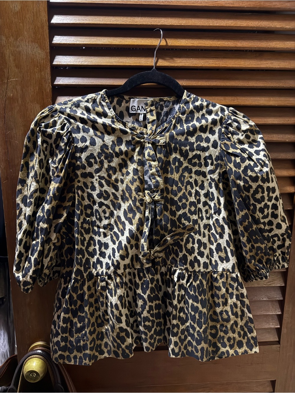 Ganni Leopard-Print Tie Front Puff Sleeve Top - Black & Gold